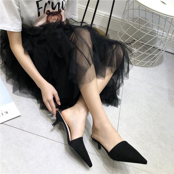 slippers pointed toe middle heels women shoes, Black
slippers pointed toe middle heels women shoes, Black