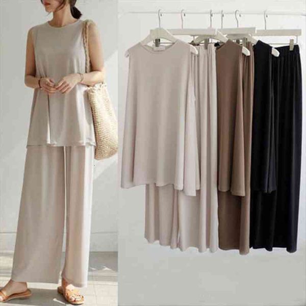 two pieces set plain womenpant casual wide leg fashion round neck fashionable sleeveless shirt solid comfortable trousers, White
two pieces set plain womenpant casual wide leg fashion round neck fashionable sleeveless shirt solid comfortable trousers, White