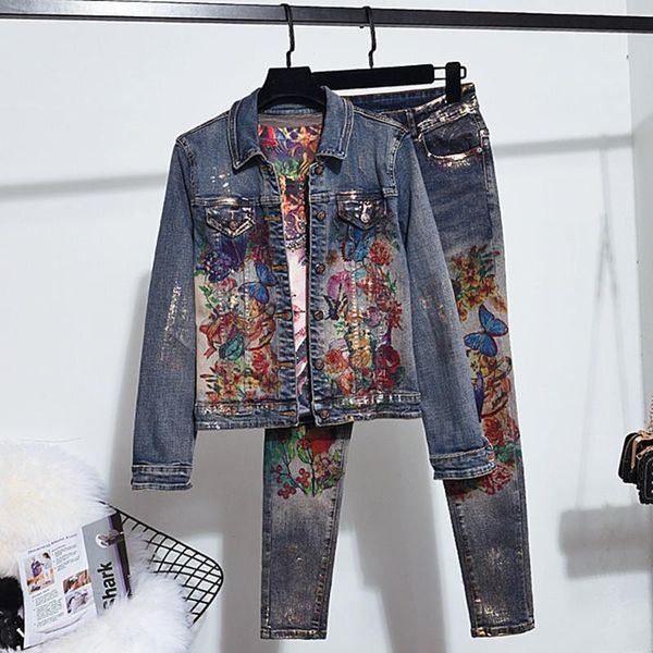 women's two piece pants set wome fashion printed denim jacket + elasticity jeans ladies 2 women skinny sets suits, White
women's two piece pants set wome fashion printed denim jacket + elasticity jeans ladies 2 women skinny sets suits, White