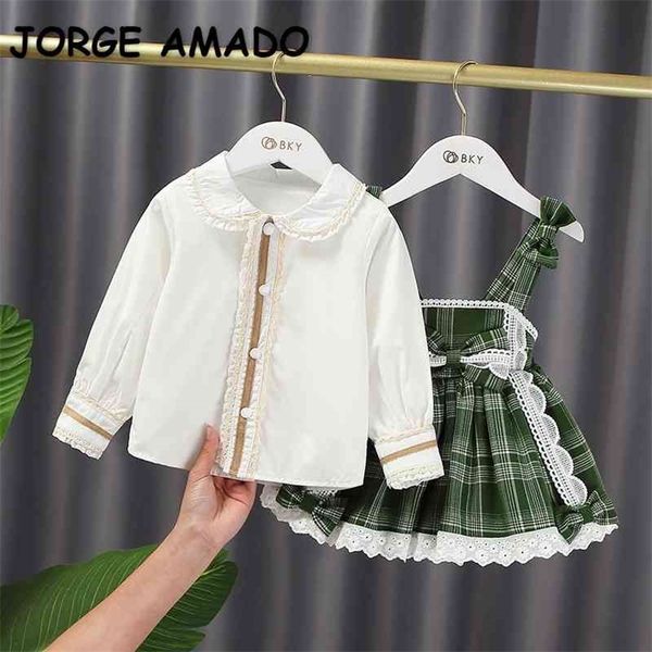 spring teenager girls 2-pcs sets white shirts + bow sling plaid lace dress children fashion clothes e1117 210610
spring teenager girls 2-pcs sets white shirts + bow sling plaid lace dress children fashion clothes e1117 210610