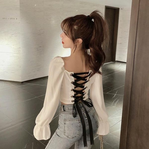women's blouses & shirts flare sleeve hollow out backless bandage crop style clothing slim korean clothes autumn, White
women's blouses & shirts flare sleeve hollow out backless bandage crop style clothing slim korean clothes autumn, White