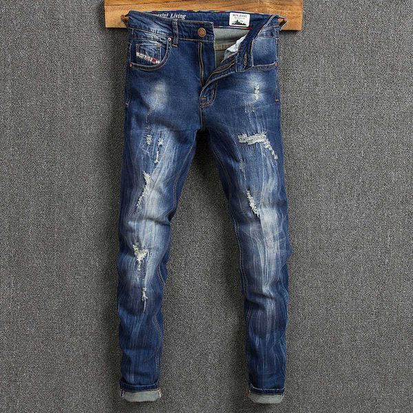 men's jeans streetwear fashion retro dark blue destroyed ripped for elastic cotton slim fit designer hip hop punk pants svrk
men's jeans streetwear fashion retro dark blue destroyed ripped for elastic cotton slim fit designer hip hop punk pants svrk
