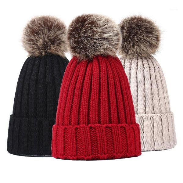 

beanies winter women pom warm knitted bobble girl fur pompom hats real raccoon pompon casual hat cap1