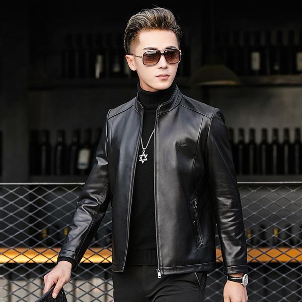 men's leather & faux haining jacket short 2021 slim sheepskin vertical collar thin coat, Black
men's leather & faux haining jacket short 2021 slim sheepskin vertical collar thin coat, Black