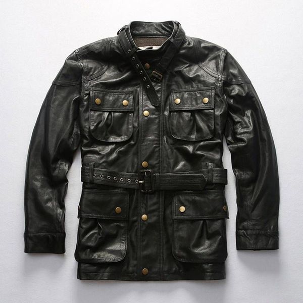 men's leather & faux england motorcycle style genuine medium long jacket men luxury sashes casual sheepskin coat fashion multi-pocket o, Black
men's leather & faux england motorcycle style genuine medium long jacket men luxury sashes casual sheepskin coat fashion multi-pocket o, Black