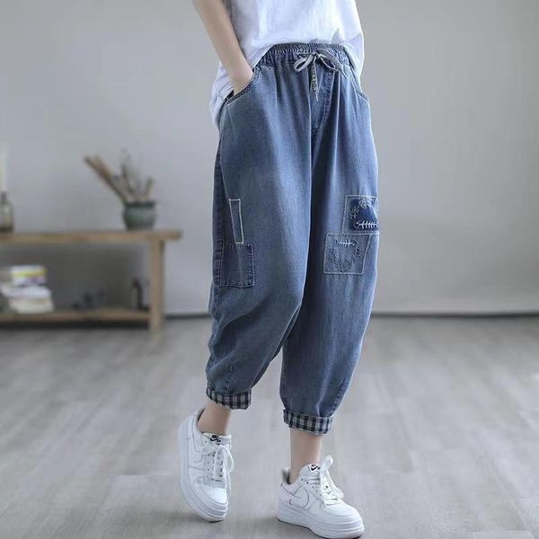women's jeans summer high waist for women wide leg casual female denim pants embroidery plus size loose trousers, Blue 
women's jeans summer high waist for women wide leg casual female denim pants embroidery plus size loose trousers, Blue