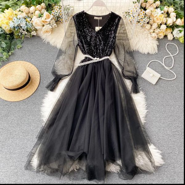 social banquet eleagnt women dresses sequined mesh sweet party dresses long puff sleeve shiny vestidos korean, Black;gray
social banquet eleagnt women dresses sequined mesh sweet party dresses long puff sleeve shiny vestidos korean, Black;gray