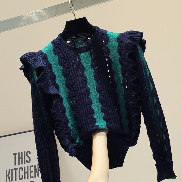 women's sweaters 2021 spring autumn fashion striped sweater loose-fit winter ruffle, White;black
women's sweaters 2021 spring autumn fashion striped sweater loose-fit winter ruffle, White;black