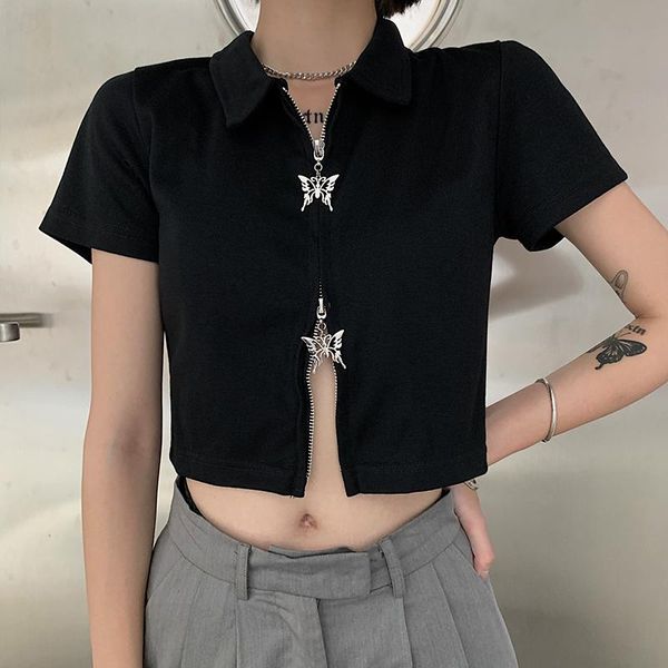 women's t-shirt cotton short zipper butterfly gothic korean stand collar punk street hip hop casual clothes, White
women's t-shirt cotton short zipper butterfly gothic korean stand collar punk street hip hop casual clothes, White