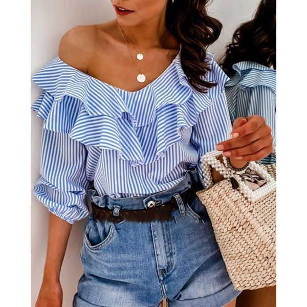 women's blouses & shirts ladies spring and autumn geometric v-neck ruffled light blue striped sleeves baita casual sweet t-shi, White
women's blouses & shirts ladies spring and autumn geometric v-neck ruffled light blue striped sleeves baita casual sweet t-shi, White