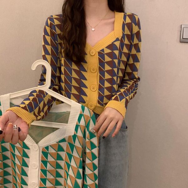 women's jackets 2021 spring and autumn small all-match long-sleeved sweater jacket short diamond knit cardigan women, Black;brown
women's jackets 2021 spring and autumn small all-match long-sleeved sweater jacket short diamond knit cardigan women, Black;brown