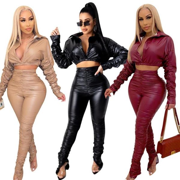 long sleeve 2 pieces pants autumn winter solid women tracksuit pu leather ruched stacked leggings pant out, White
long sleeve 2 pieces pants autumn winter solid women tracksuit pu leather ruched stacked leggings pant out, White