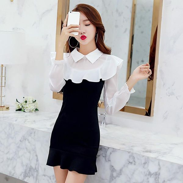 casual dresses spring chiffon long sleeve lotus leaf edge, Black;gray
casual dresses spring chiffon long sleeve lotus leaf edge, Black;gray