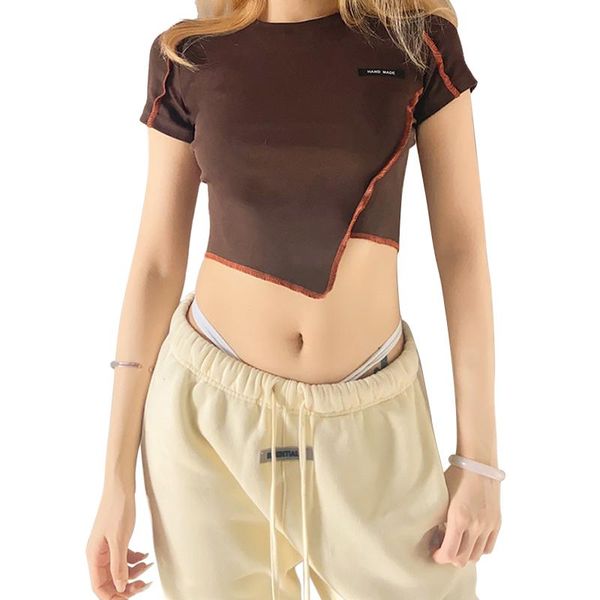 women's t-shirt short sleeve crop crew neck stitching slim fit tee shirt with irregular hem, White
women's t-shirt short sleeve crop crew neck stitching slim fit tee shirt with irregular hem, White