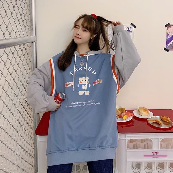 2021 hooded sweatshirt fake two-piece stitching autumn new wild loose bear long-sleeved women myyk, Black
2021 hooded sweatshirt fake two-piece stitching autumn new wild loose bear long-sleeved women myyk, Black