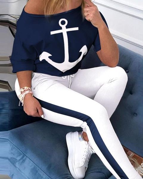 2021 summer women's tracksuit sets two piece outfits short sleeve off shoulder anchor female t shirt set women sport pant suits, Gray
2021 summer women's tracksuit sets two piece outfits short sleeve off shoulder anchor female t shirt set women sport pant suits, Gray