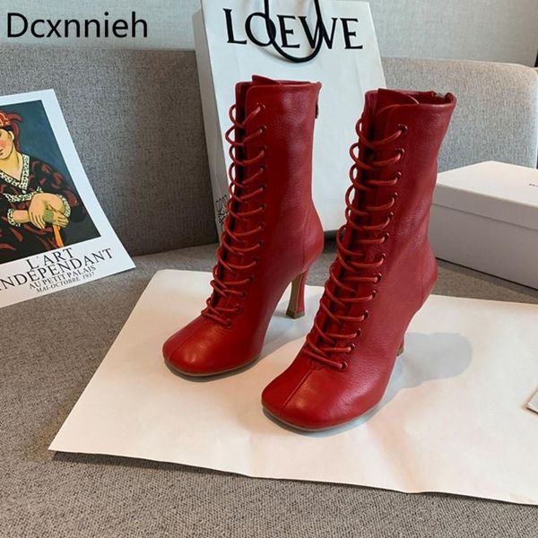 boots autumn square toe genuine leather ankle woman lace up thin high heels short gladiator for knight, Black
boots autumn square toe genuine leather ankle woman lace up thin high heels short gladiator for knight, Black
