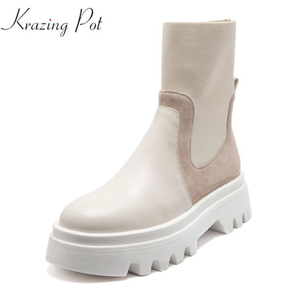 boots krazing pot genuine leather platform thick bottom round toe street motorcycle keep warm stretch fabric mid-calf l74, Black
boots krazing pot genuine leather platform thick bottom round toe street motorcycle keep warm stretch fabric mid-calf l74, Black