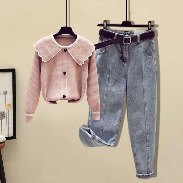 women's two piece pants women 2021 autumn sets female knitted pullover sweater ladies high waist harem denim suits p202, White
women's two piece pants women 2021 autumn sets female knitted pullover sweater ladies high waist harem denim suits p202, White