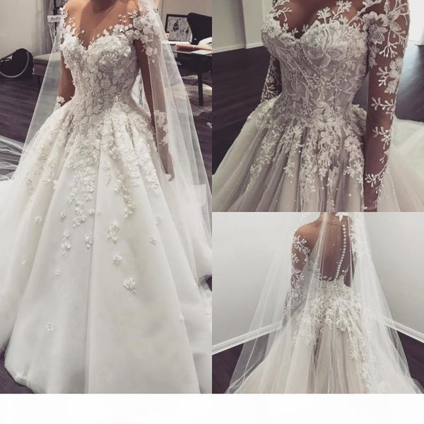gorgeous long sleeves wedding dresses with 3d floral applique 2021 illusion covered buttons back custom made wedding gown vestido de novia, White
gorgeous long sleeves wedding dresses with 3d floral applique 2021 illusion covered buttons back custom made wedding gown vestido de novia, White