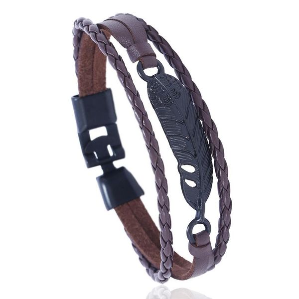 link, chain feather leather bracelet men's multi-layer women's retro punk casual jewelry accessories, Black
link, chain feather leather bracelet men's multi-layer women's retro punk casual jewelry accessories, Black