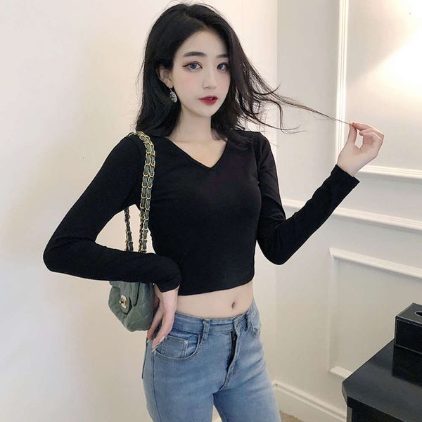 long sleeve v-neck black t-shirt women's navel super short style leaky belly dress high waist big neckline exposed collarbone, White
long sleeve v-neck black t-shirt women's navel super short style leaky belly dress high waist big neckline exposed collarbone, White