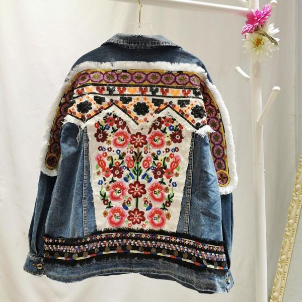 women's jackets 2021 spring and autumn national style with cloth, flower embroidery, sequin, long sleeve denim coat, Black;brown
women's jackets 2021 spring and autumn national style with cloth, flower embroidery, sequin, long sleeve denim coat, Black;brown