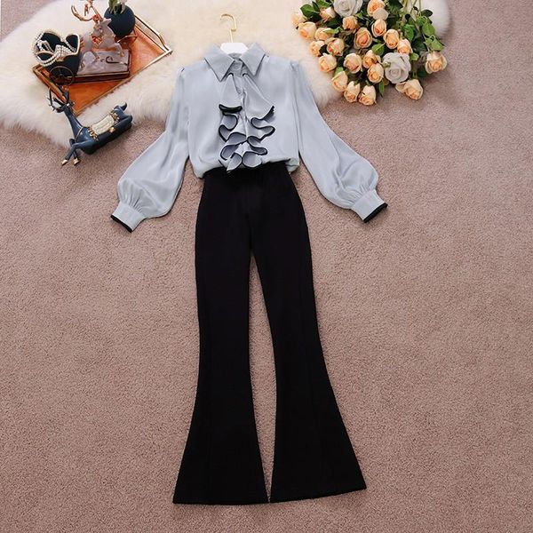 women's two piece pants office ladies lantern sleeves ruffled chiffon shirt and slit flare suit clothing set, White
women's two piece pants office ladies lantern sleeves ruffled chiffon shirt and slit flare suit clothing set, White