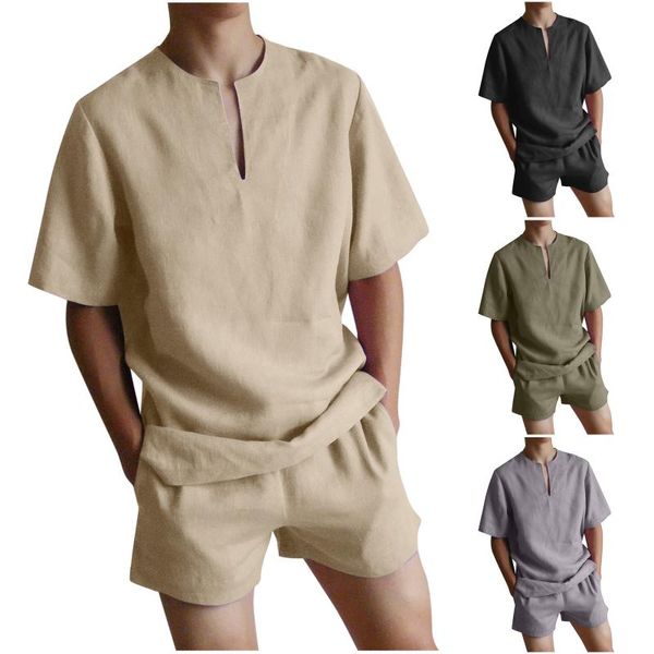 men's tracksuits 2021 summer set solid color cotton linen short sleeve v-neck shirt casual beach shorts streetwear men suits 2 piece, Gray
men's tracksuits 2021 summer set solid color cotton linen short sleeve v-neck shirt casual beach shorts streetwear men suits 2 piece, Gray