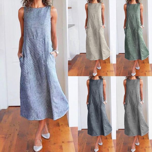 casual striped print long womens dresses sleeveless o neck linen pocket summer for women, Black;gray
casual striped print long womens dresses sleeveless o neck linen pocket summer for women, Black;gray