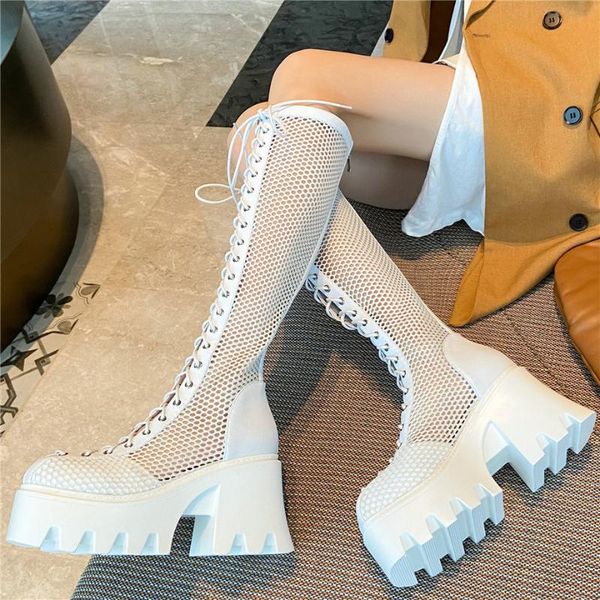 women lace up genuine leather chunky high heels knee high gladiator sandals female summer breathable mesh platform pumps shoes, Black
women lace up genuine leather chunky high heels knee high gladiator sandals female summer breathable mesh platform pumps shoes, Black