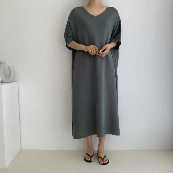 spring summer women dress 100% pure merino wool knitting jumpers long-style loose v-neck half-sleeve dresses female clothes 210527, Black;gray 
spring summer women dress 100% pure merino wool knitting jumpers long-style loose v-neck half-sleeve dresses female clothes 210527, Black;gray