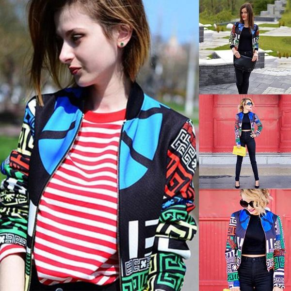 women autumn long sleeve short bomber jacket colorful geometric patterns print zip up baseball coat stand collar slim, Black;brown
women autumn long sleeve short bomber jacket colorful geometric patterns print zip up baseball coat stand collar slim, Black;brown