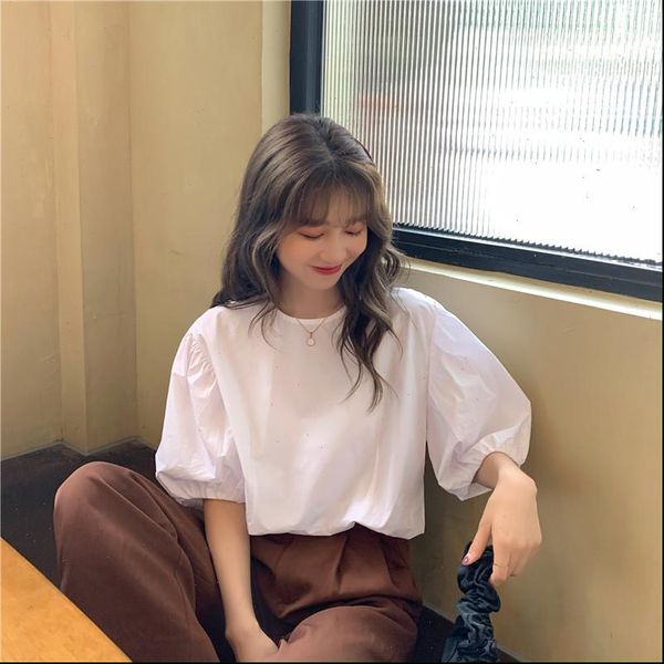 summer korean version 2021 french style bubble sleeve white loose round neck foreign short sleeved shirt female student shirt
summer korean version 2021 french style bubble sleeve white loose round neck foreign short sleeved shirt female student shirt
