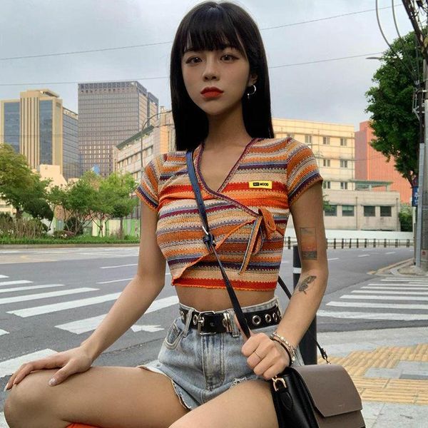 women's t-shirt bandage all-match irregular criss cross fashion casual cropped shirt summer women short sleeve v-neck multicolor stripe, White
women's t-shirt bandage all-match irregular criss cross fashion casual cropped shirt summer women short sleeve v-neck multicolor stripe, White