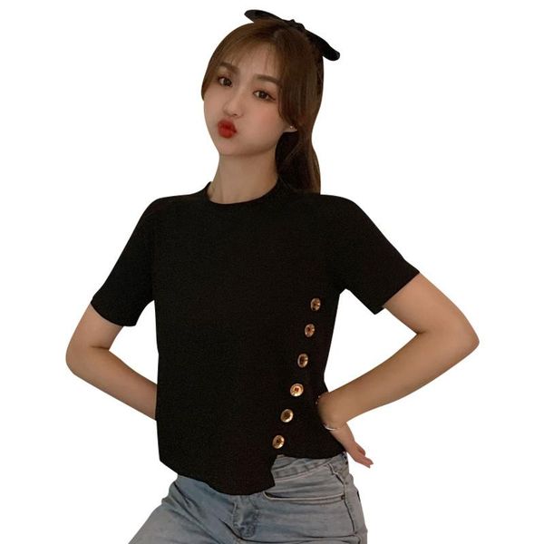 women's t-shirt pure cotton ins net red design short sleeve summer side button black tights, White
women's t-shirt pure cotton ins net red design short sleeve summer side button black tights, White
