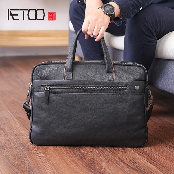 

HBP AETOO Men's Handbag Leather Business Casual Single Shoulder Bag Large Capacity Head Layer Cowhide Computer Briefcase, Black