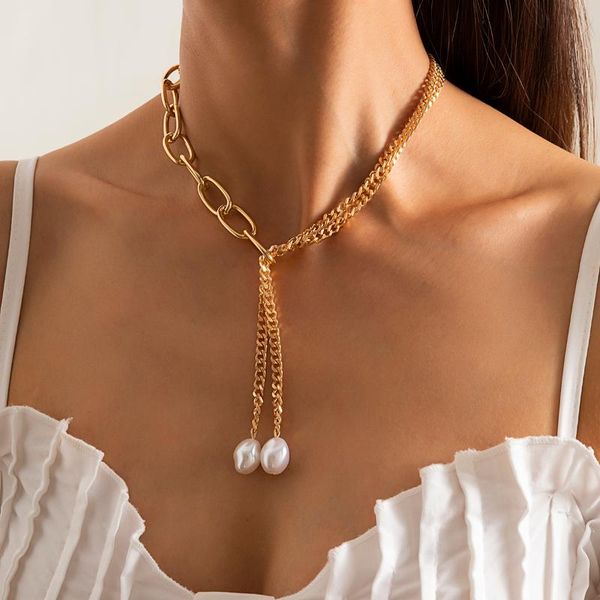 chains punk asymmetric gold color link chain long necklaces imitation pearls baroque pendant for women jewelry, Silver 
chains punk asymmetric gold color link chain long necklaces imitation pearls baroque pendant for women jewelry, Silver