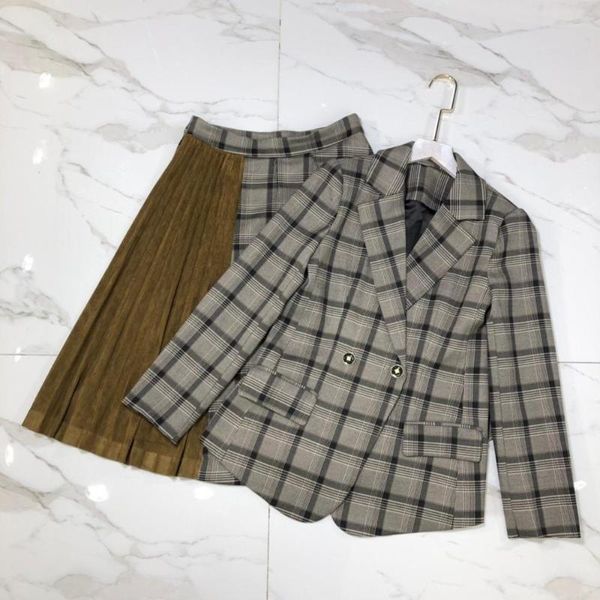 two piece dress 108030 women blazer with belt long skirt pieces set, White