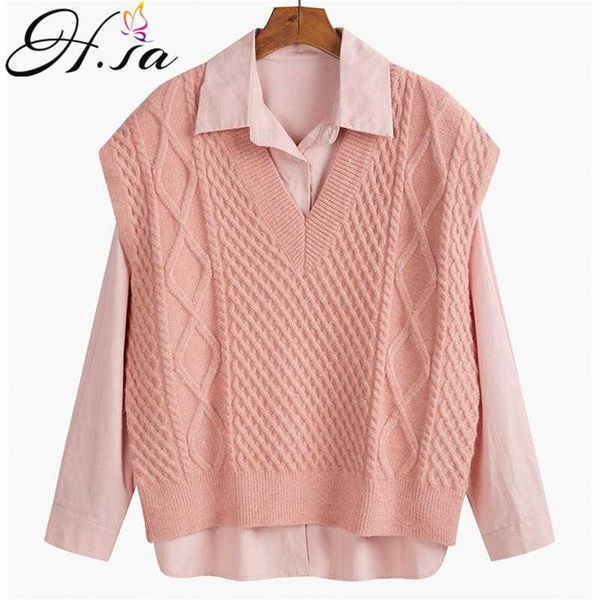 h.sa spring women sweater vest with blouses turn down collar 2 pcs set women sweater suit twsited sweater jumper and shirts 210716, White;black
h.sa spring women sweater vest with blouses turn down collar 2 pcs set women sweater suit twsited sweater jumper and shirts 210716, White;black