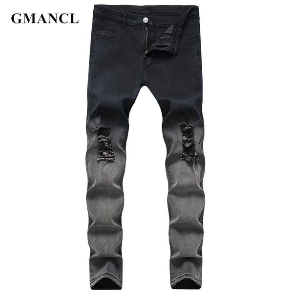 new men knee holes skinny jeans black gradient gray streetwear hip hop ripped cotton casual joggers denim trousers, Blue
new men knee holes skinny jeans black gradient gray streetwear hip hop ripped cotton casual joggers denim trousers, Blue