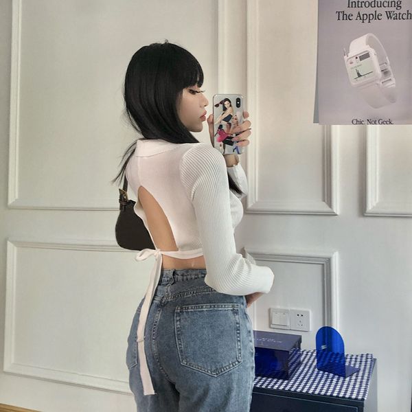 hollow out open back deep v neck long sleeve t-shirt woman white knitwear tie up crop spring 2021 c95-cf20
hollow out open back deep v neck long sleeve t-shirt woman white knitwear tie up crop spring 2021 c95-cf20