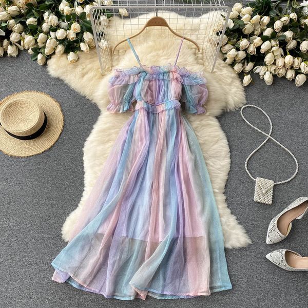 women spaghetti strap mesh midi dress summer elegant off shoulder rainbow striped colorful beach vestidos female robe 2021, Black;gray
women spaghetti strap mesh midi dress summer elegant off shoulder rainbow striped colorful beach vestidos female robe 2021, Black;gray