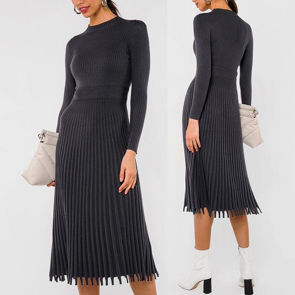 elegant women dress solid color long sleeve o neck knit dress for women waist tight pleated knee-length dress women midi, Gray
elegant women dress solid color long sleeve o neck knit dress for women waist tight pleated knee-length dress women midi, Gray