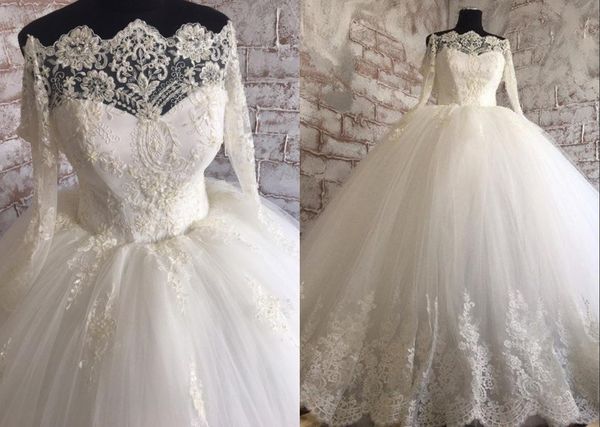 vintage lace ball gown wedding dresses off the shoulder with long illusion sleeves beads applique wedding bridal gowns designer, White
vintage lace ball gown wedding dresses off the shoulder with long illusion sleeves beads applique wedding bridal gowns designer, White