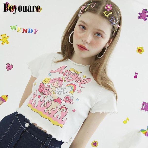 women's t-shirt beyouare cute angel print t shirt crop women short sleeve summer ruffle casual streetwear 2021 fashion tee, White
women's t-shirt beyouare cute angel print t shirt crop women short sleeve summer ruffle casual streetwear 2021 fashion tee, White