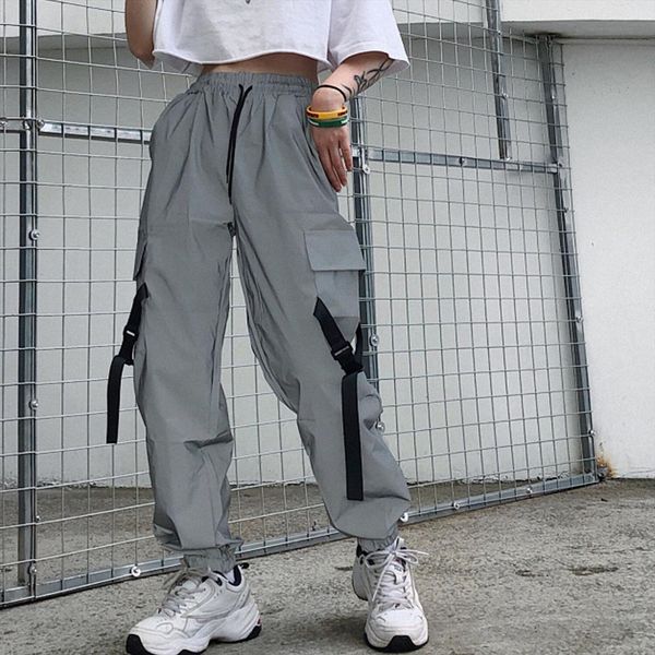 string high waist side women pant ribbon belt pocket solid gray cargo jogger reflective track streetwear harajuku workout korean, Black;white
string high waist side women pant ribbon belt pocket solid gray cargo jogger reflective track streetwear harajuku workout korean, Black;white