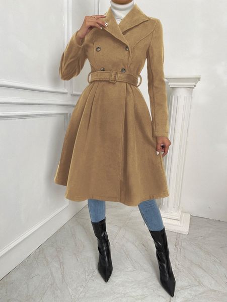 double breasted fold pleated belted overcoat x2iw#, Black
double breasted fold pleated belted overcoat x2iw#, Black