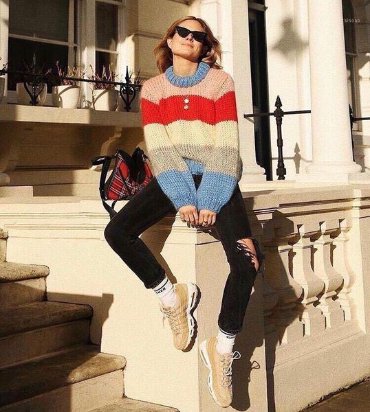 women's sweaters 2021 fall and winter explosive rainbow striped handmade wool mohair pullover sweater, White;black
women's sweaters 2021 fall and winter explosive rainbow striped handmade wool mohair pullover sweater, White;black