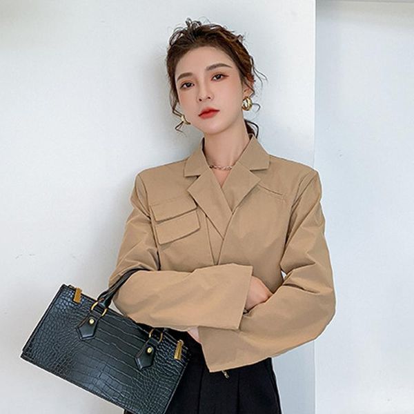 women's suits & blazers fall fashion 2021 unique design blazer women long sleeve pocket khaki short jacket korean slim solid green lady, White;black 
women's suits & blazers fall fashion 2021 unique design blazer women long sleeve pocket khaki short jacket korean slim solid green lady, White;black